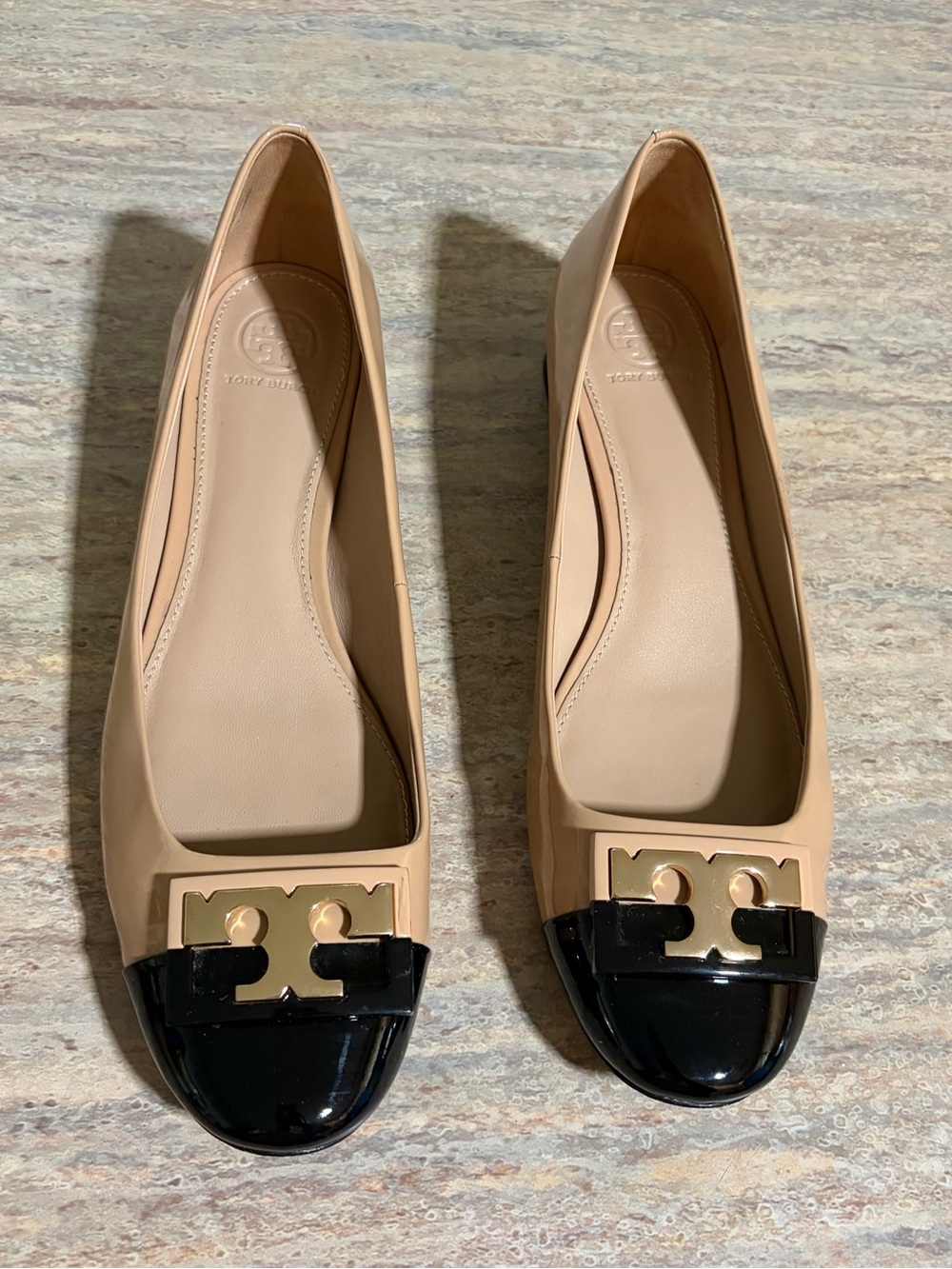Tory Burch Gigi Beige and Black Cap-Toe 1-inch Heel Shoes